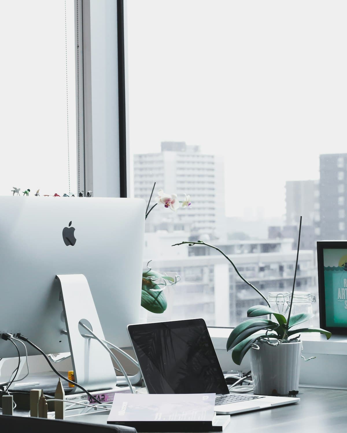 Home desk with iMac, laptop, and plants beside a city window