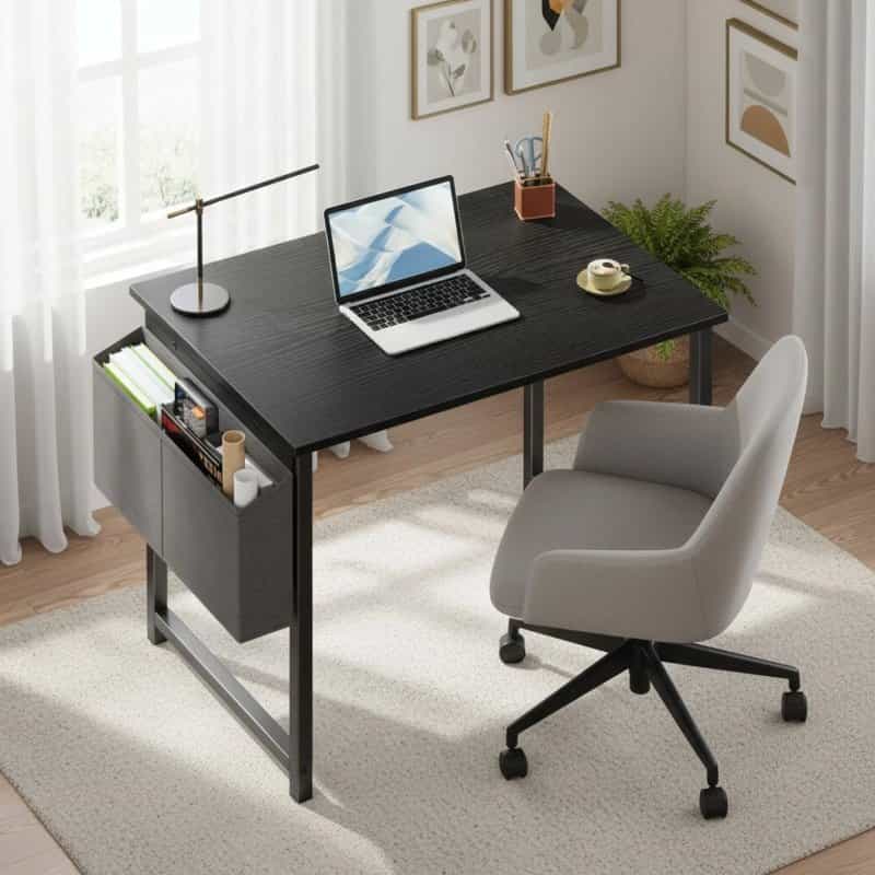 Small Office Desk For A Small Space, With Storage Bags And Hooks On The Computer