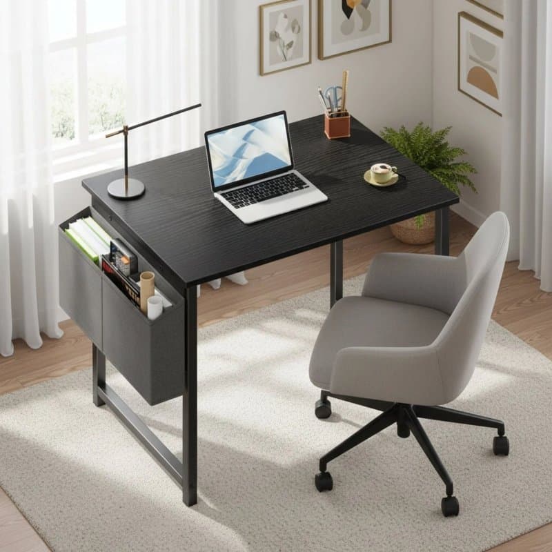Small Office Desk For A Small Space, With Storage Bags And Hooks On The Computer image 1